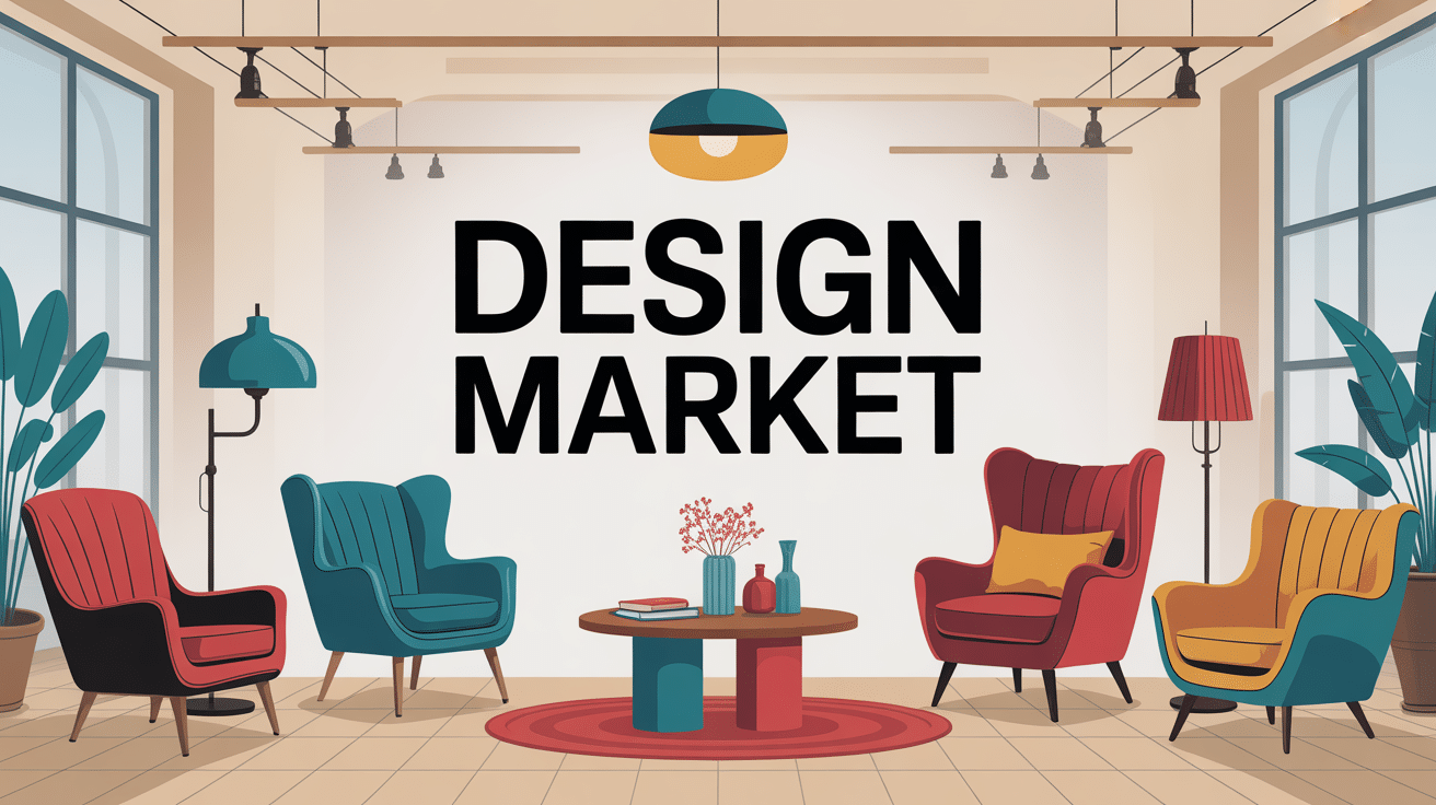 Illustration design market mobilier vintage et contemporain