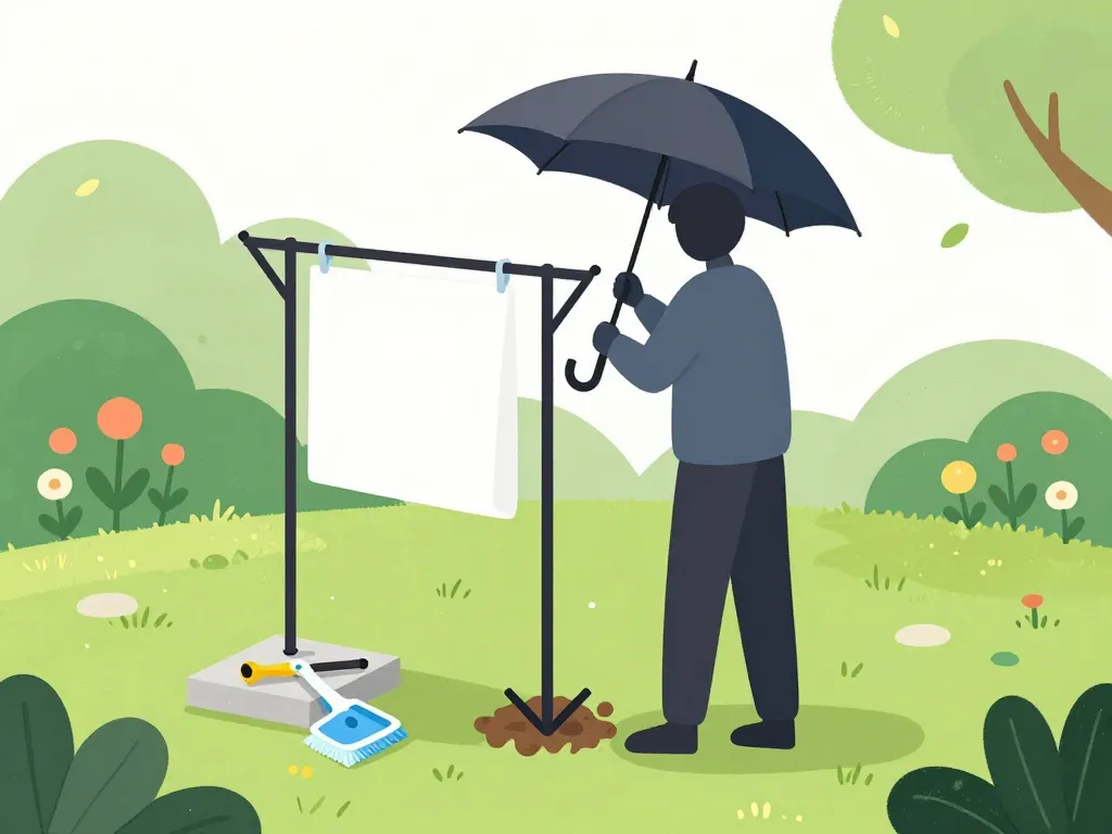 personne installant séchoir parapluie lidl dans un jardin