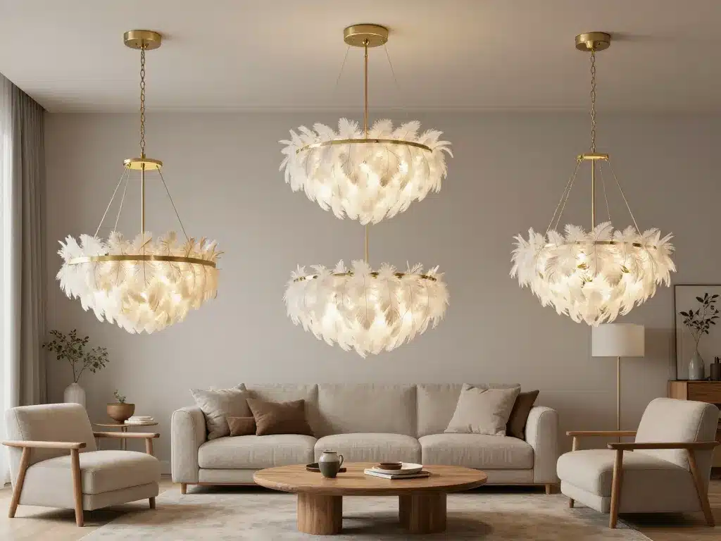 différents lustres en plume adaptés au salon