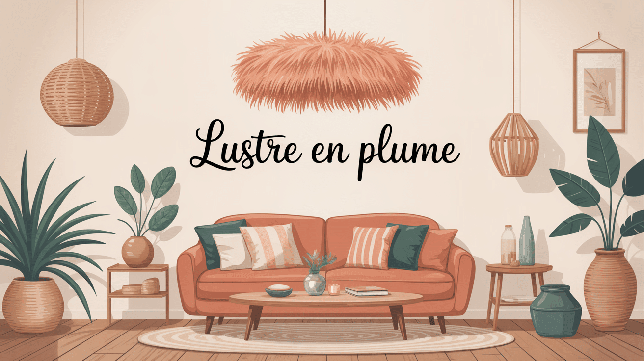 lustre en plume suspendu dans salon cocooning