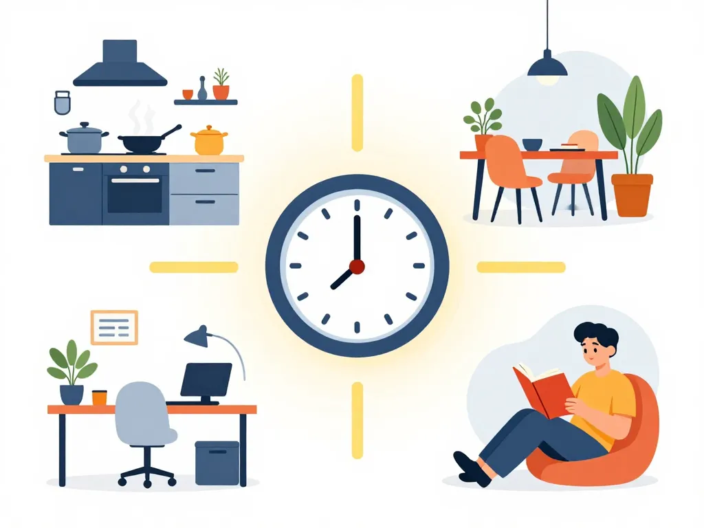 minuteur 15 minutes illustré avec cuisine bureau détente