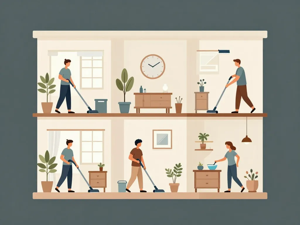 nettoyage d'une maison dans chaque pièce illustration