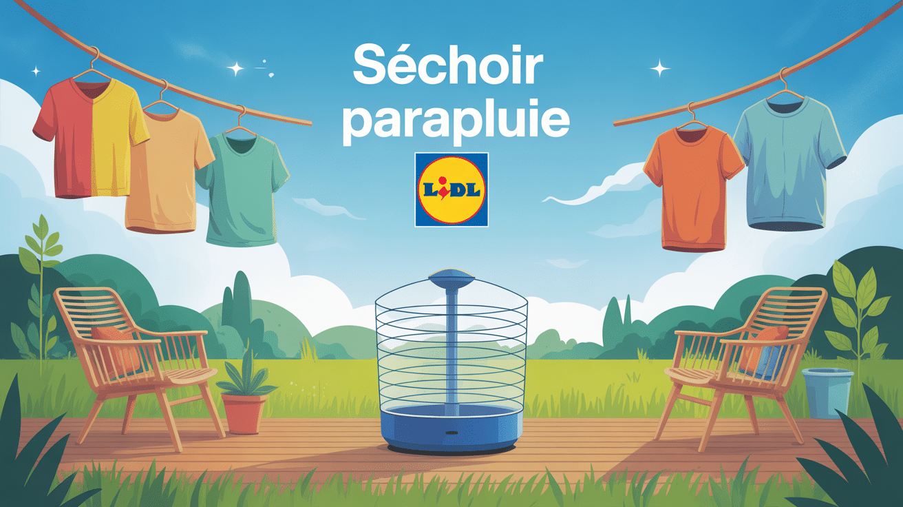 séchoir parapluie lidl installé au centre d'un jardin moderne