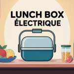 Illustration lunch box electrique posée sur bureau avec accessoires