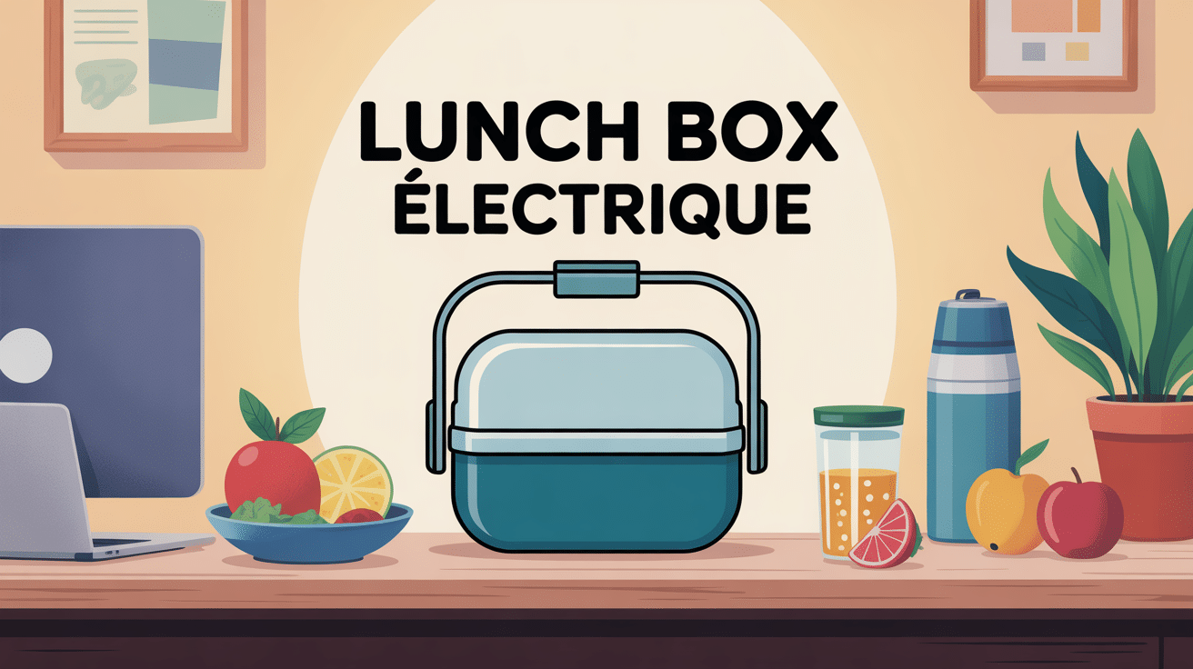 Illustration lunch box electrique posée sur bureau avec accessoires