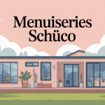 Illustration façade maison avec fenêtres, portes Schüco