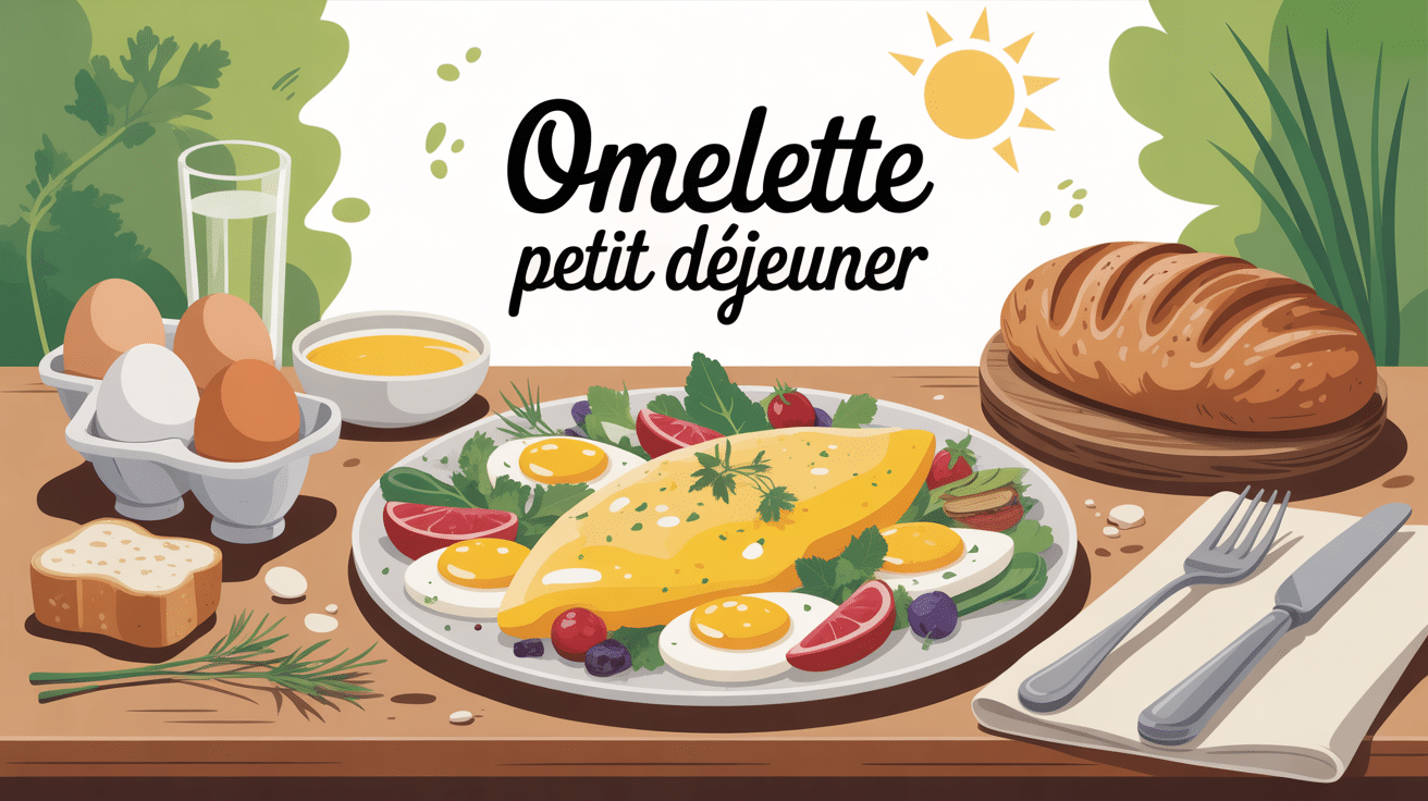 omelette petit déjeuner avec œufs légumes herbes pain