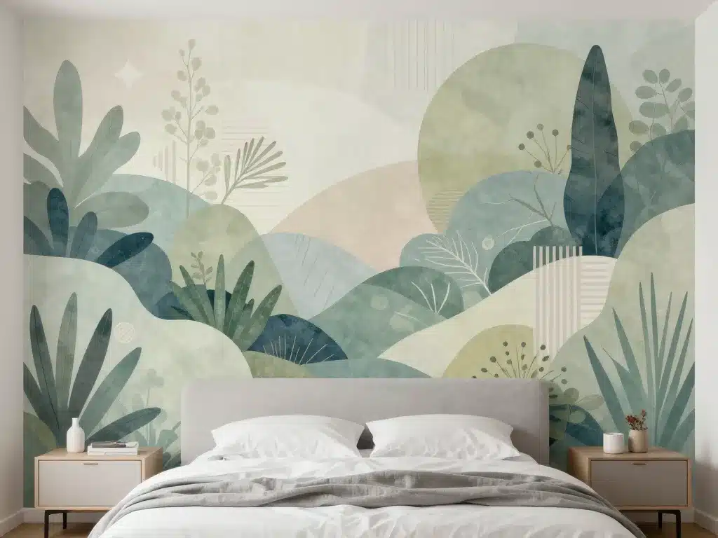 papier peint panoramique tendance chambre avec motifs nature abstrait et graphique