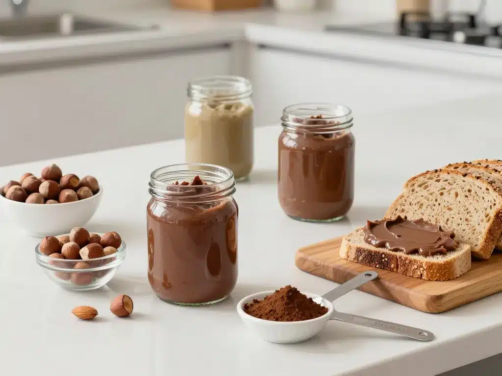 Jars de pâte à tartiner maison healthy et pain complet sur plan de cuisine