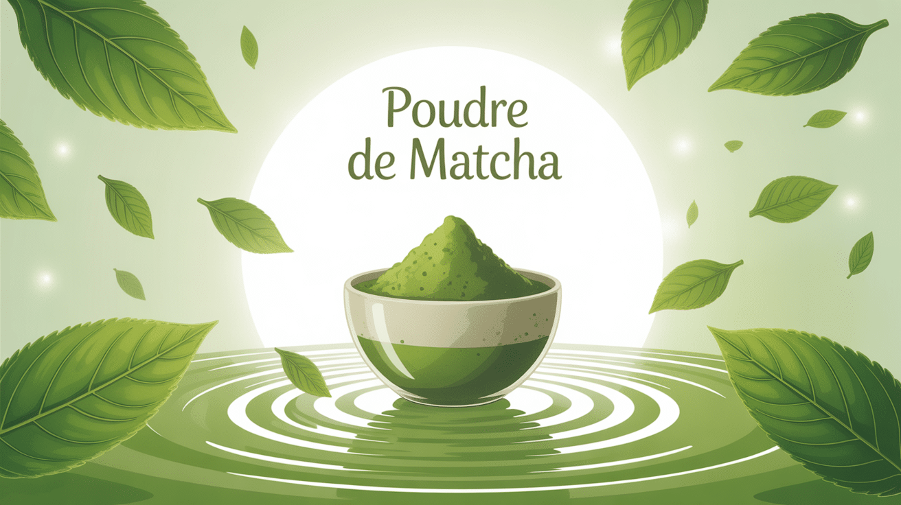 Poudre matcha bol zen feuilles thé ambiance moderne