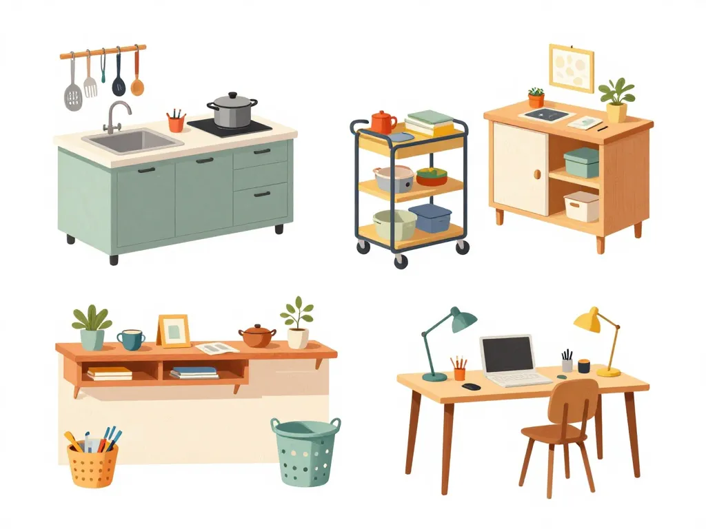 Différents types de meuble avec plan de travail usages cuisine bureau