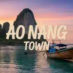 Illustration Ao Nang Town falaises mer turquoise bateaux