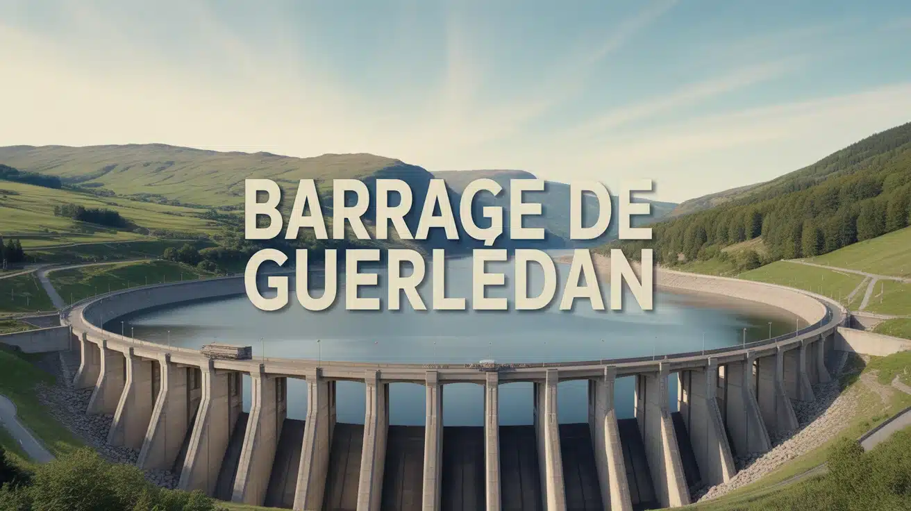 Illustration vectorielle du barrage de Guerlédan avec lac et collines
