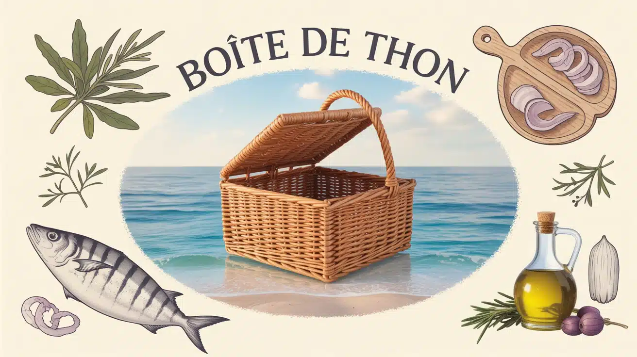 boîte de thon ouverte avec herbes et huile d'olive en illustration vectorielle
