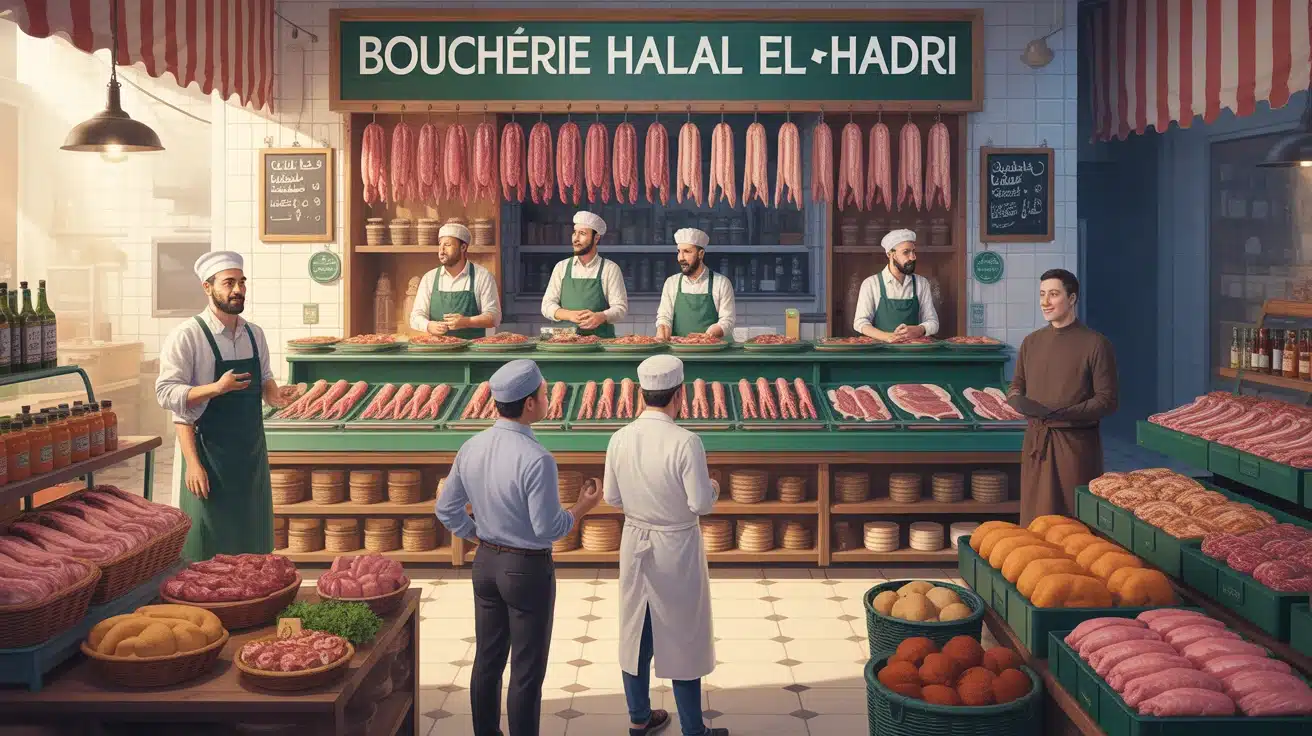 Étal de viandes et épices à la Boucherie Halal El Hadri Argelès
