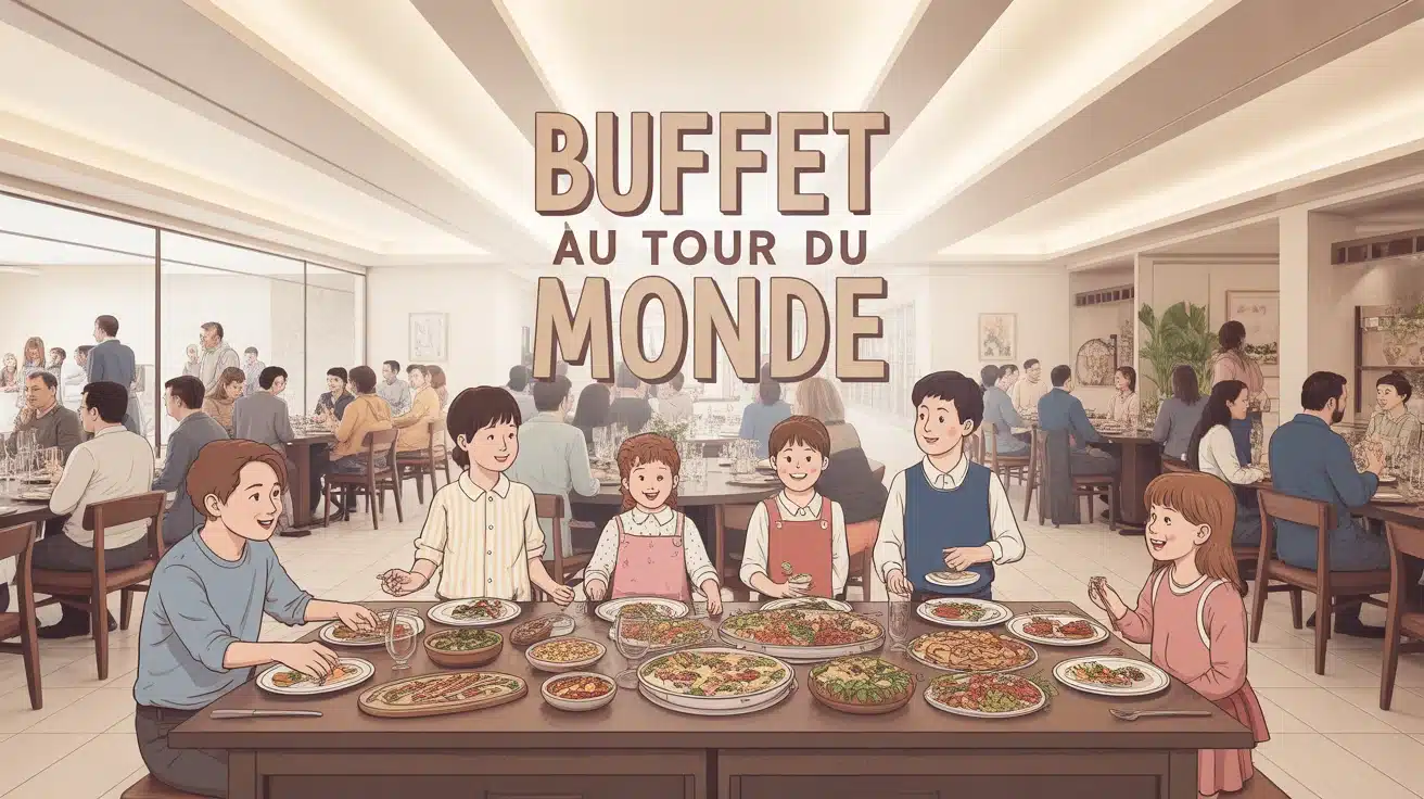 buffet Au Tour du Monde avec plats internationaux et familles