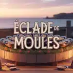 éclade de moules sur planche en bois avec aiguilles de pin en feu