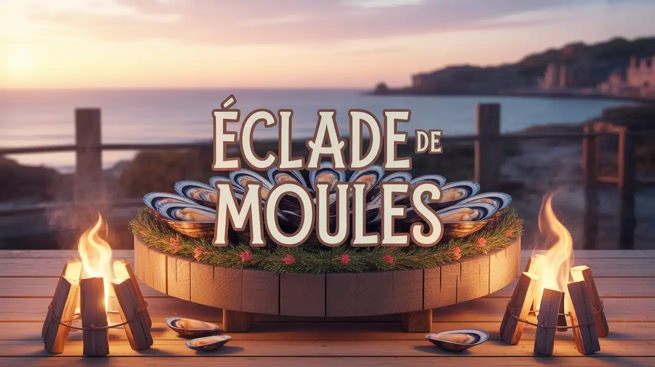 éclade de moules sur planche en bois avec aiguilles de pin en feu