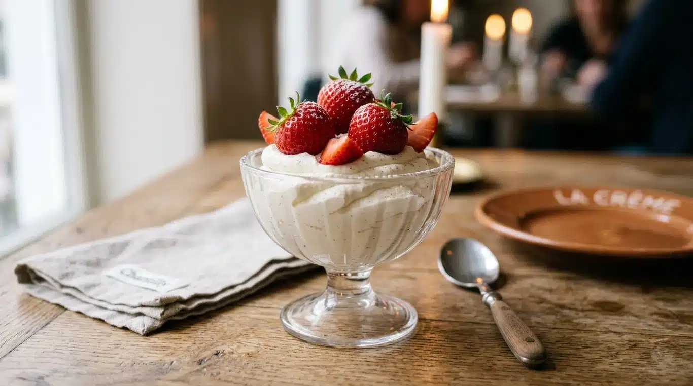Crème Chantilly traditionnelle servie avec des fraises fraîches