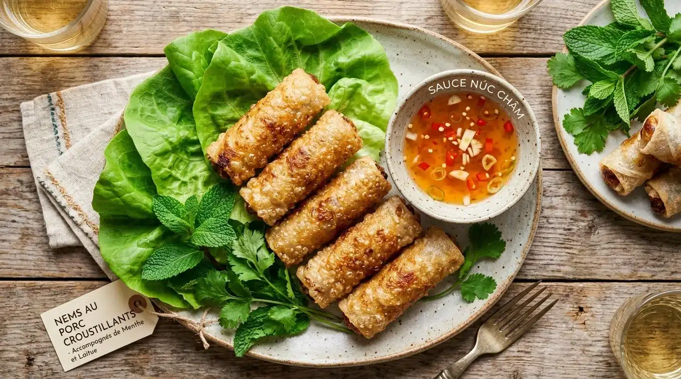 Assiette de nems au porc croustillants servis avec salade et menthe