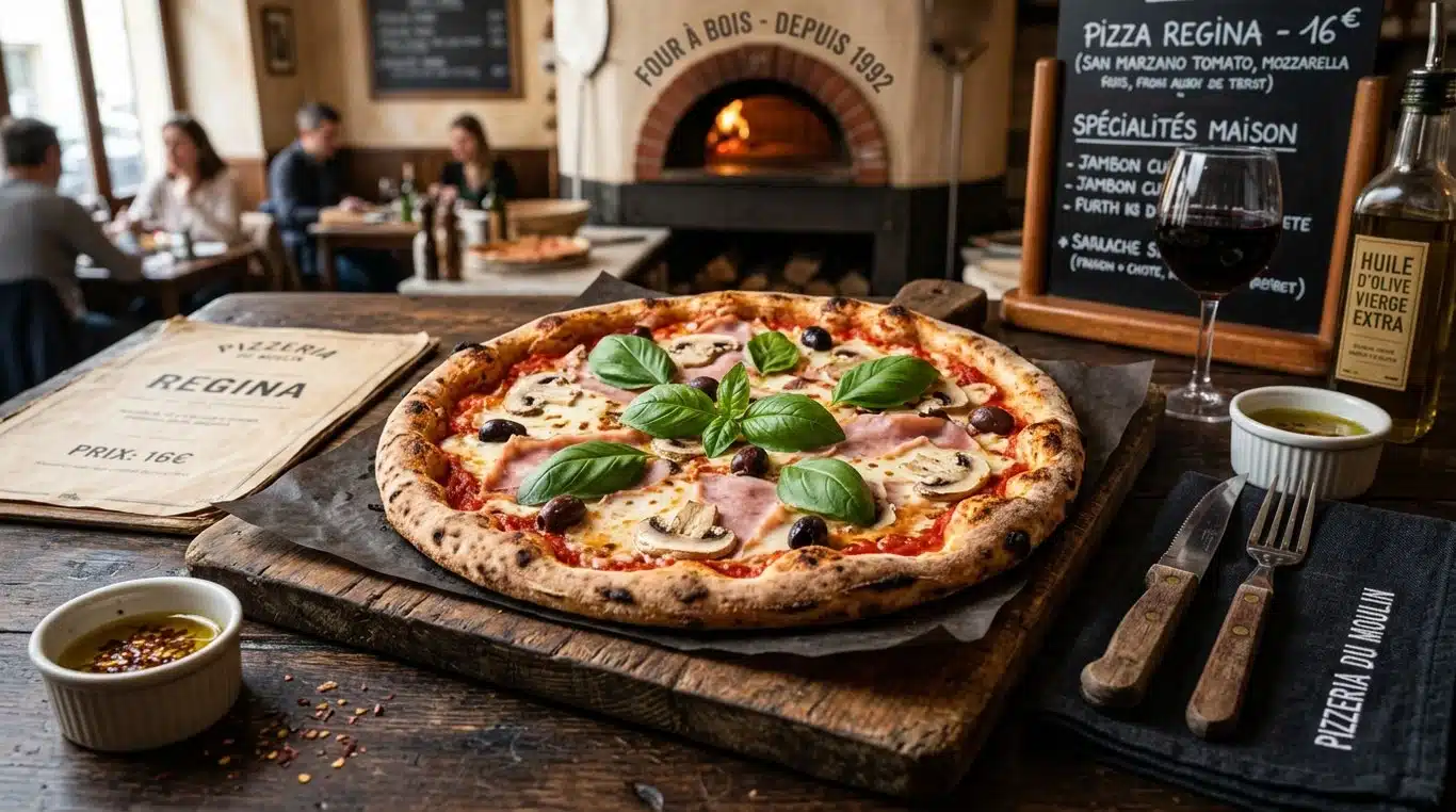 Pizza Regina artisanale cuite au feu de bois