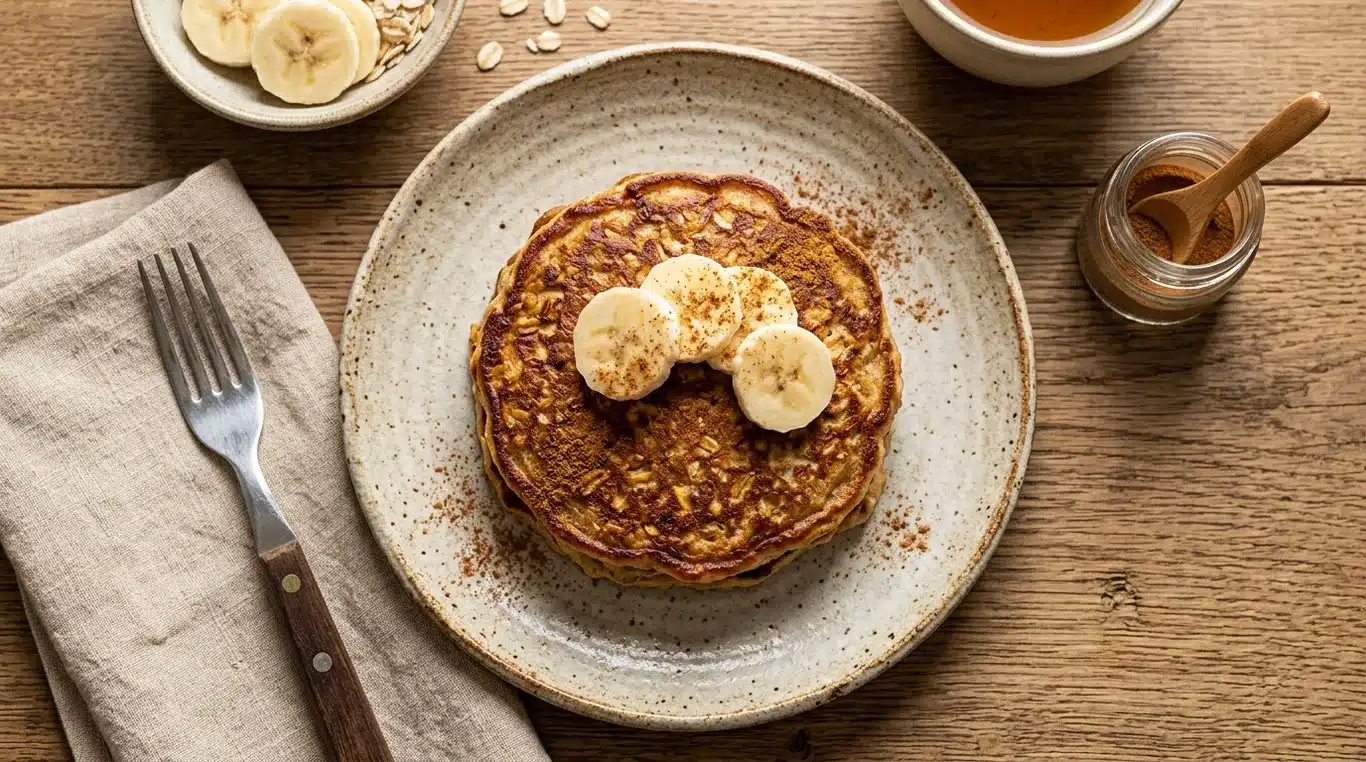 Galette à la banane et aux flocons d'avoine dorée et appétissante dans une assiette.