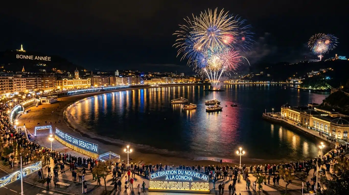 Vue nocturne festive de la baie de la Concha à San Sebastián pour le réveillon du Nouvel An
