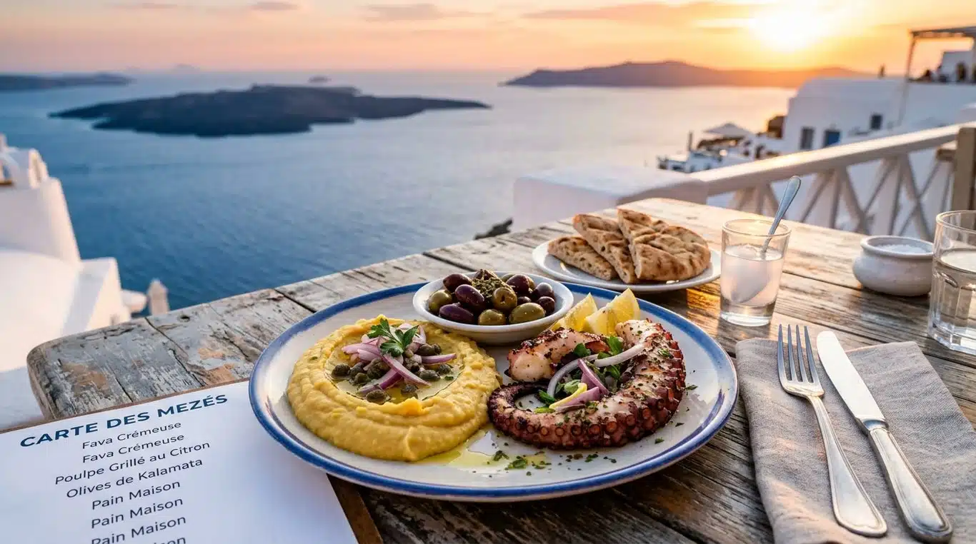 Plat de mezes grecs traditionnels avec vue sur la mer Égée