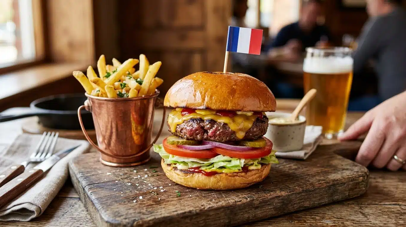 Un burger classique appétissant sur une planche en bois