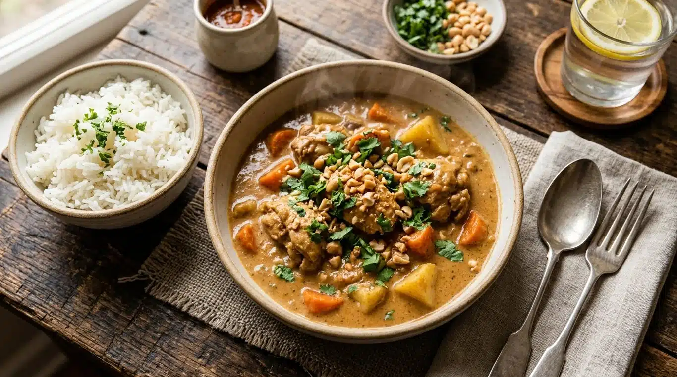 Bol de Mafé au poulet servi avec du riz blanc