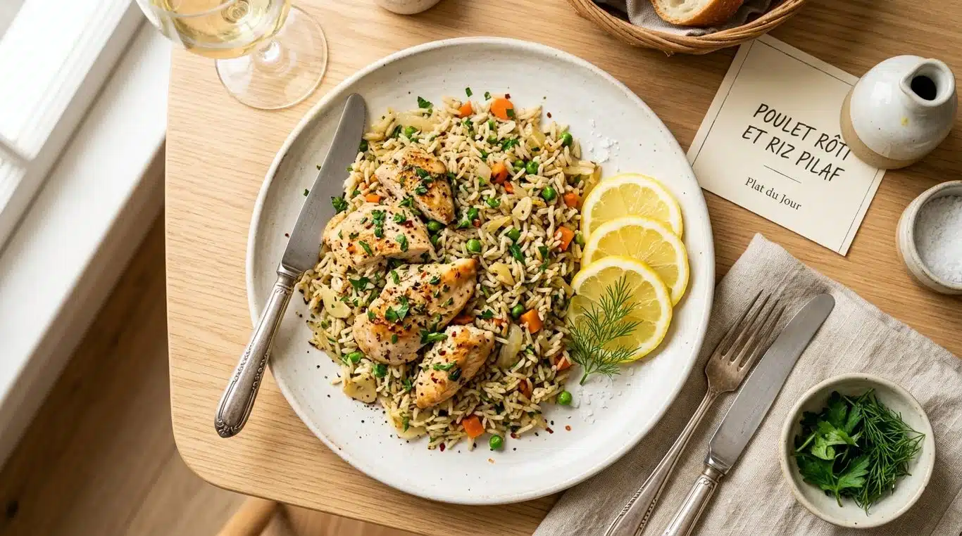 Plat de poulet au citron et riz pilaf pour régime sans résidu