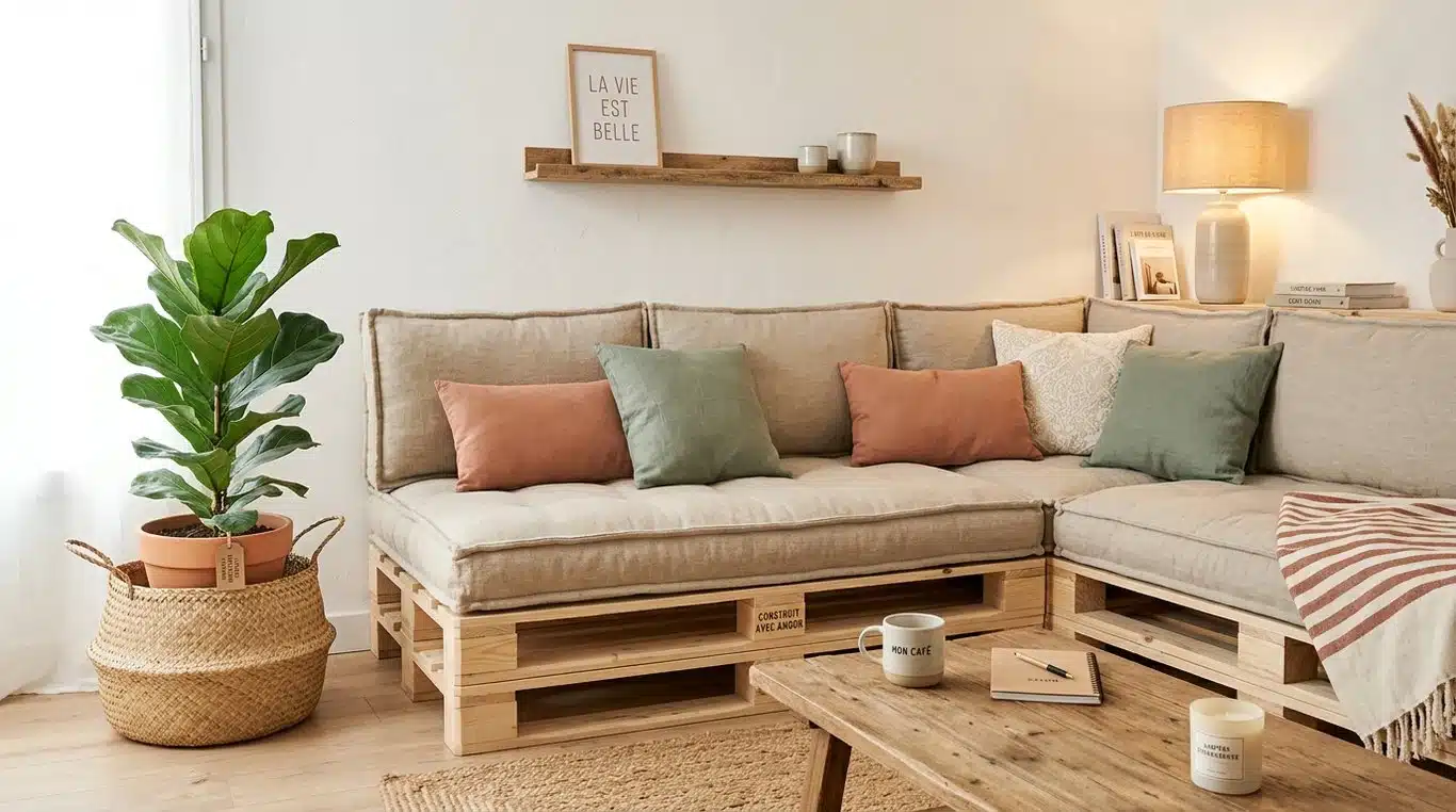 Canapé en palettes moderne et confortable dans un salon lumineux