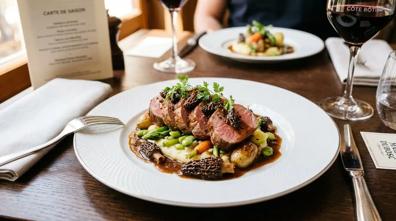 Quasi de veau rôti aux morilles et jus corsé, plat gastronomique