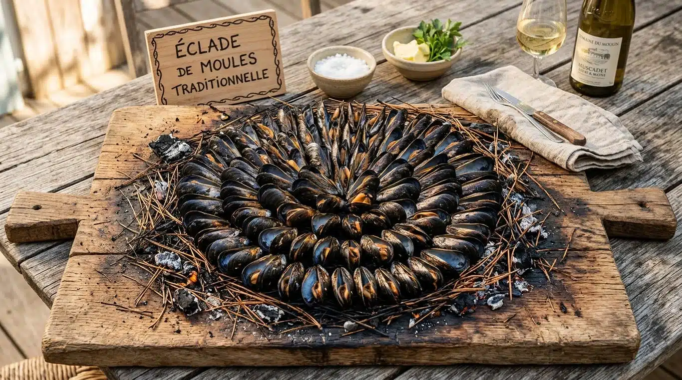 Éclade de moules traditionnelle servie sur une planche en bois