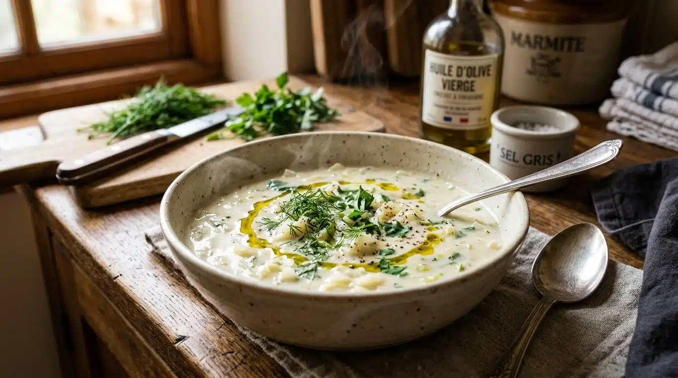 Bol de velouté de chou blanc onctueux et réconfortant servi dans une cuisine chaleureuse.