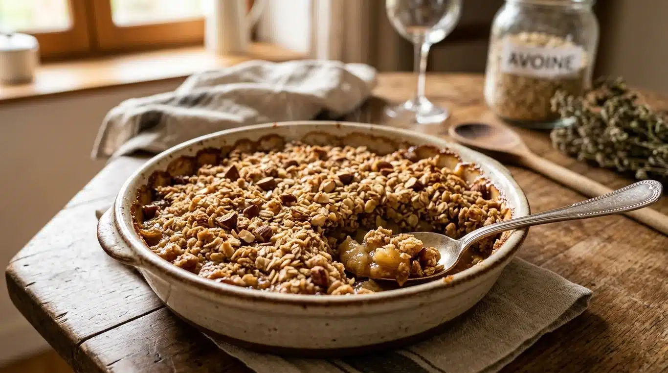Crumble aux pommes et yaourt doré et croustillant dans un plat en céramique