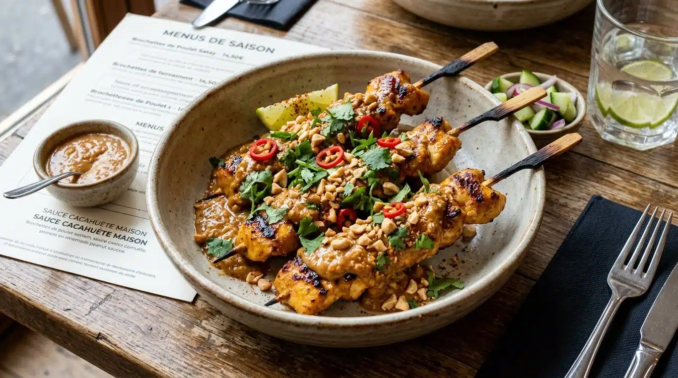 Plat de poulet Satay nappé de sauce onctueuse au beurre de cacahuète, décoré de coriandre fraîche.