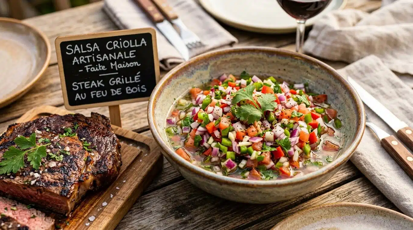 Bol de salsa criolla fraîche accompagnée d'une viande grillée