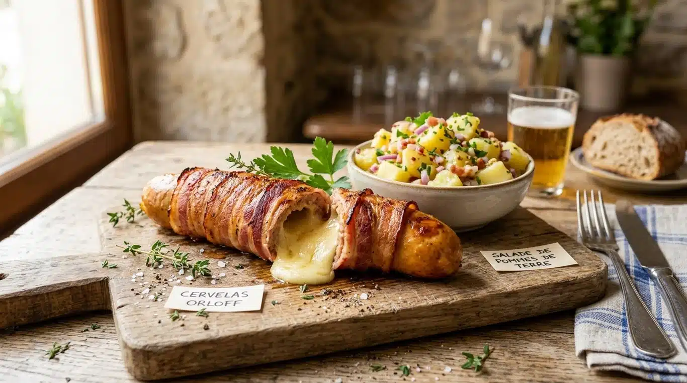 Cervelas Orloff traditionnel avec fromage fondu et lard croustillant