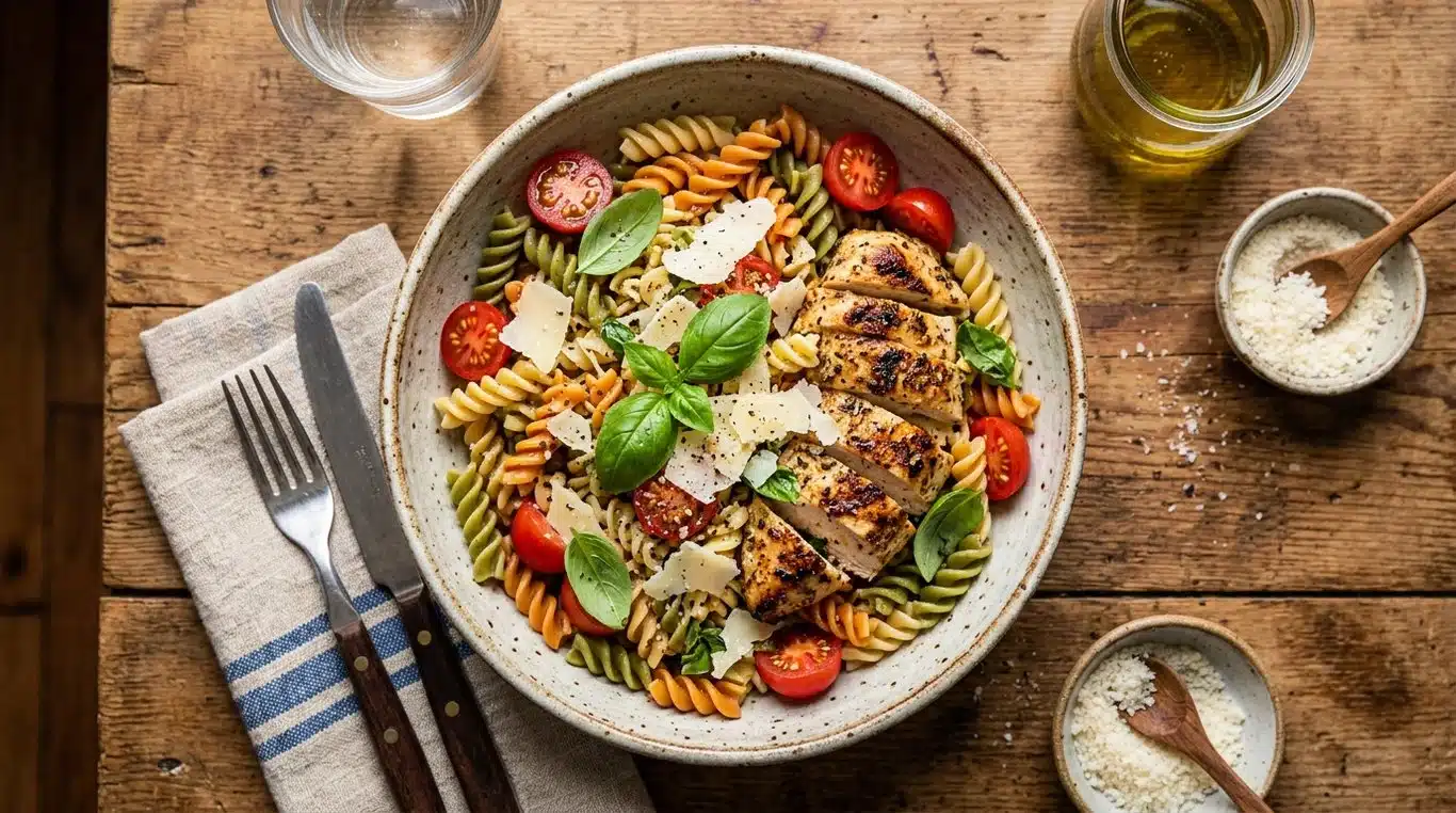 Salade de pâtes au poulet fraîche et appétissante dans un bol rustique