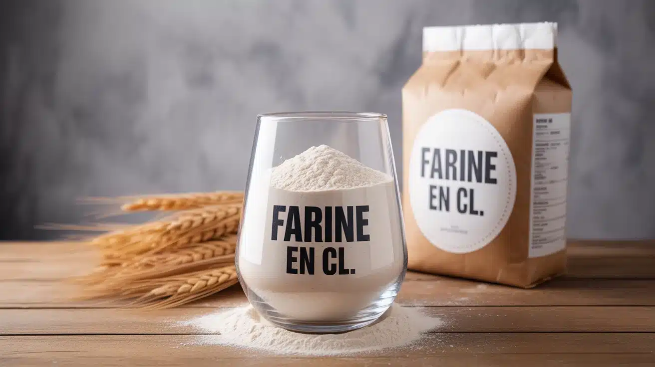 verre doseur rempli de farine à côté d'un paquet de farine ouvert