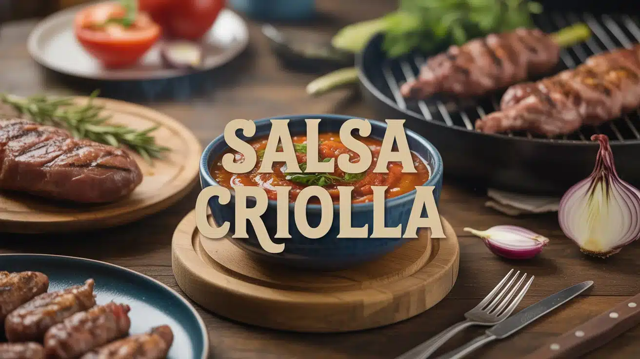 Bol de salsa criolla avec viandes grillées et ingrédients frais sur table de barbecue