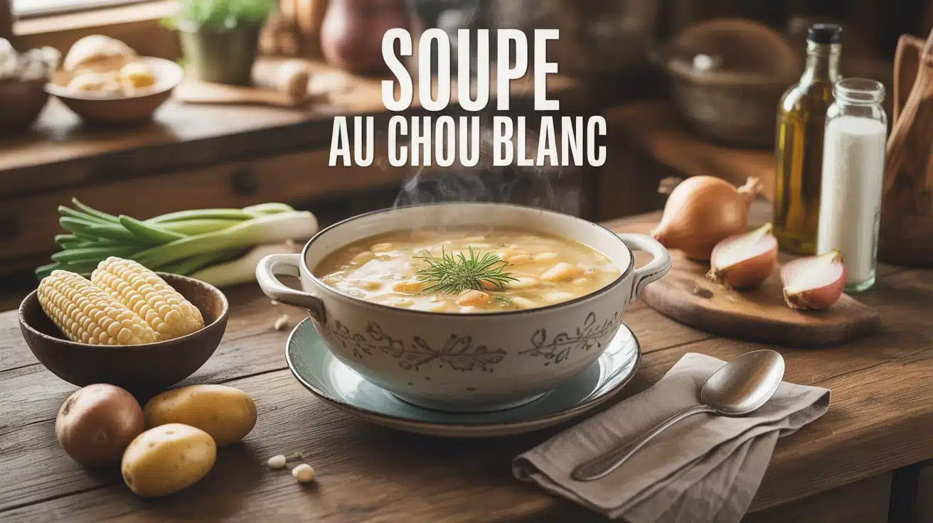 Bol de soupe au chou blanc fumante en cuisine d'hiver
