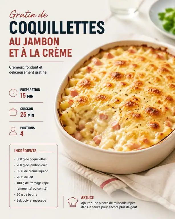 Gratin de coquillettes au jambon et à la crème, une recette facile et pas cher