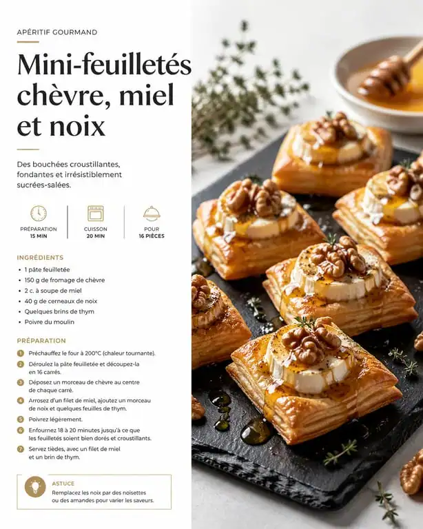 Mini-feuilletés au chèvre, miel et noix, recette de feuilleté salé croustillant
