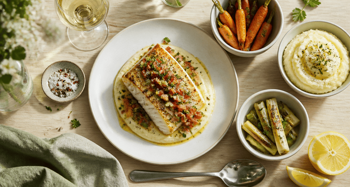 accompagnement pour cabillaud avec dos rôti, purée et légumes
