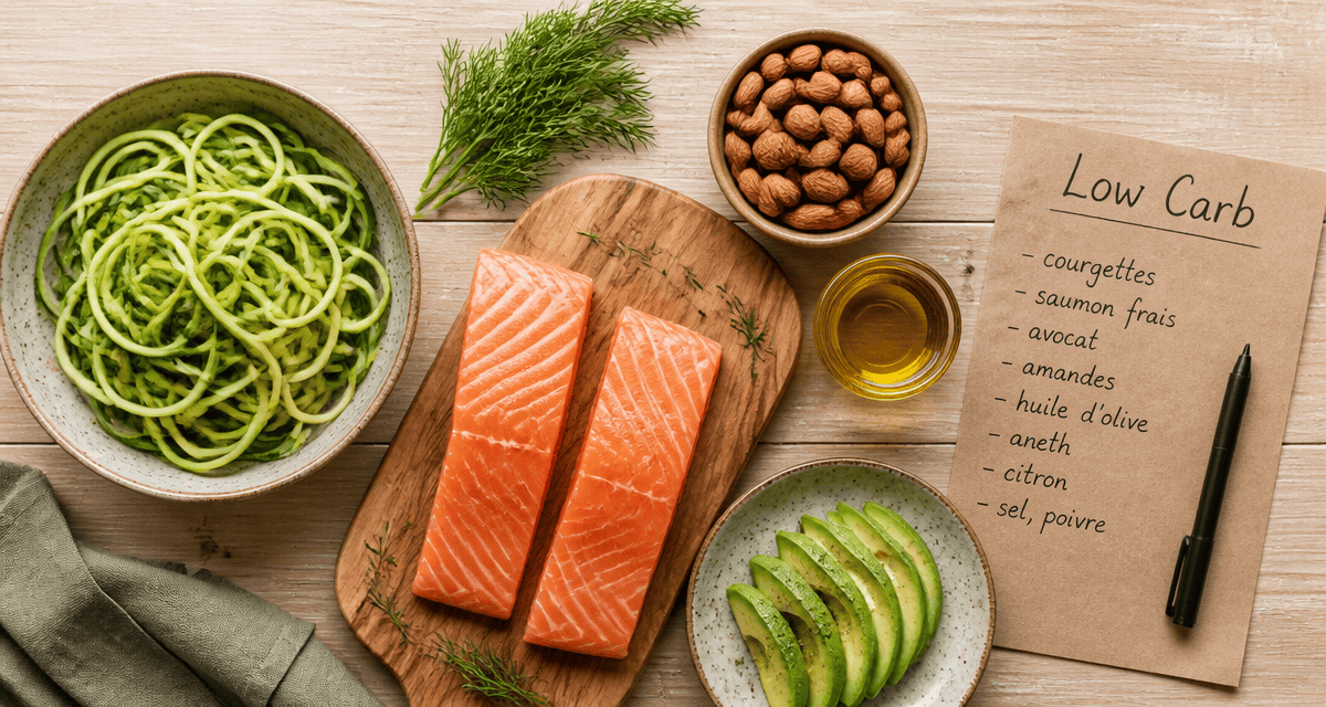 aliments pauvre en glucide sur table avec liste low carb