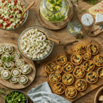 Buffet repas froid entre amis avec salades et wraps