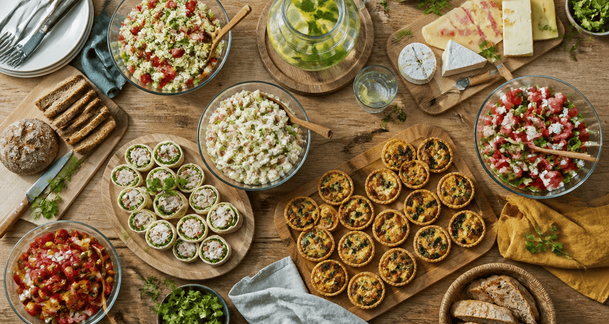 Buffet repas froid entre amis avec salades et wraps