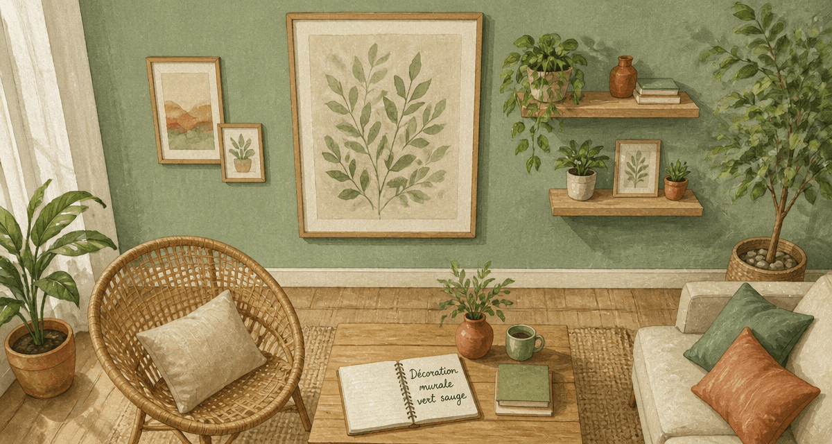 decoration murale vert sauge avec tableau botanique et plantes
